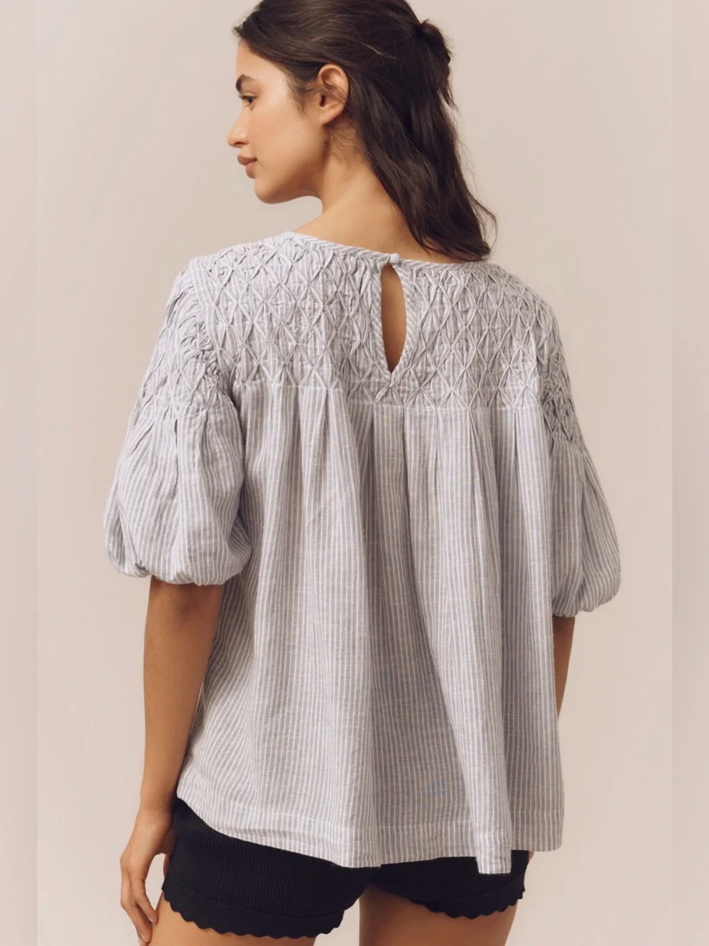 By Anthropologie Liza Puff-Sleeve - Blue/White Smocked Linen Top
